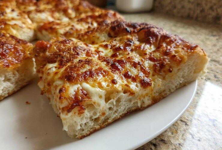 Close-up of a thick slice of cheesy pizza made with sourdough discard pizza dough, showing a fluffy crust.