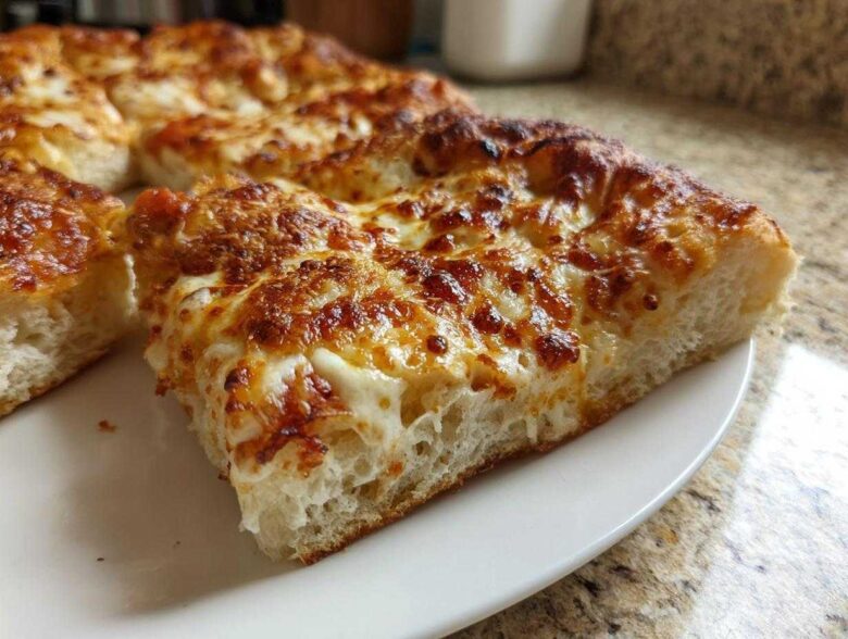 Close-up of a thick slice of cheesy pizza made with sourdough discard pizza dough, showing a fluffy crust.