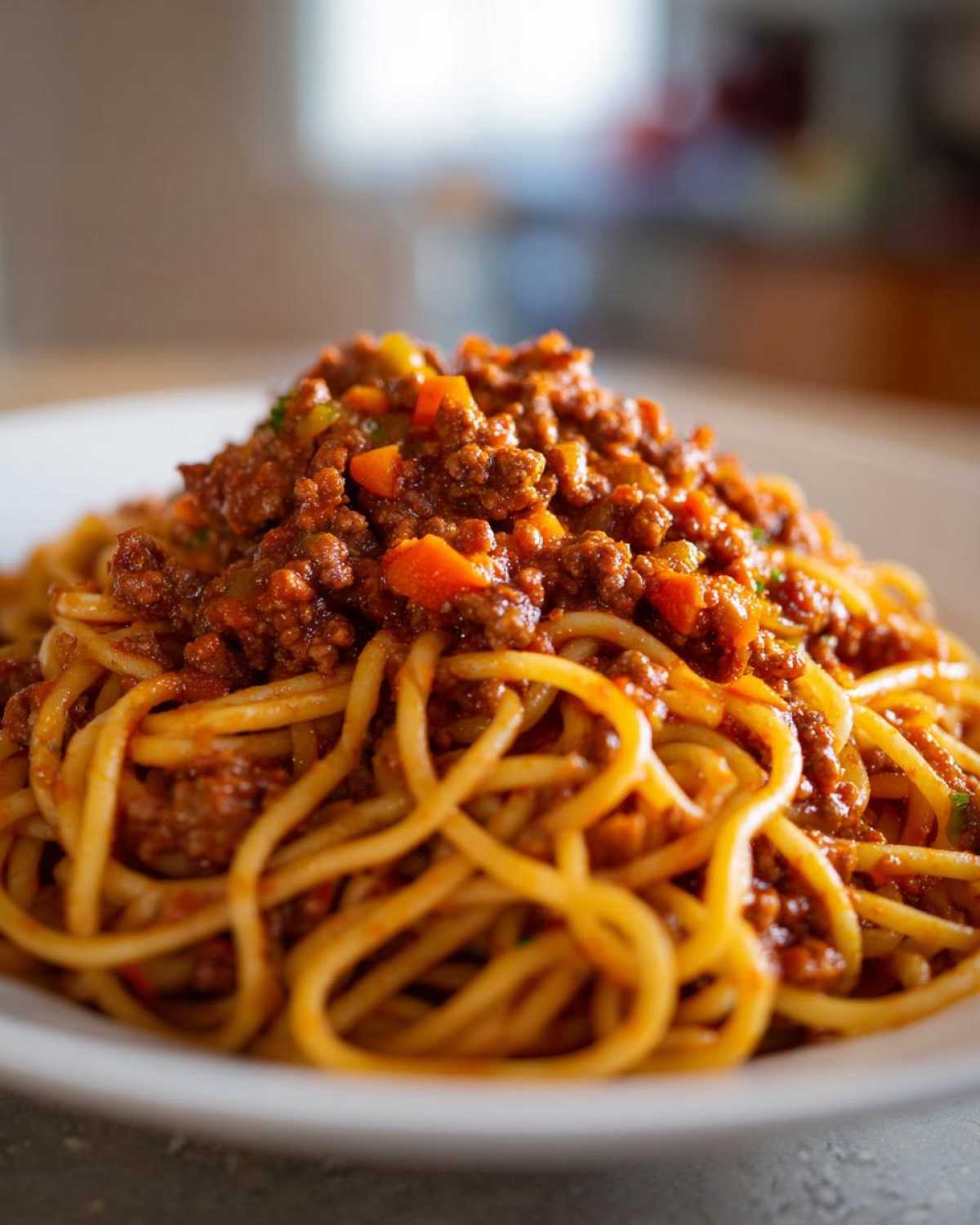 Close-up of spaghetti noodles generously topped with rich, meaty bolognese sauce.