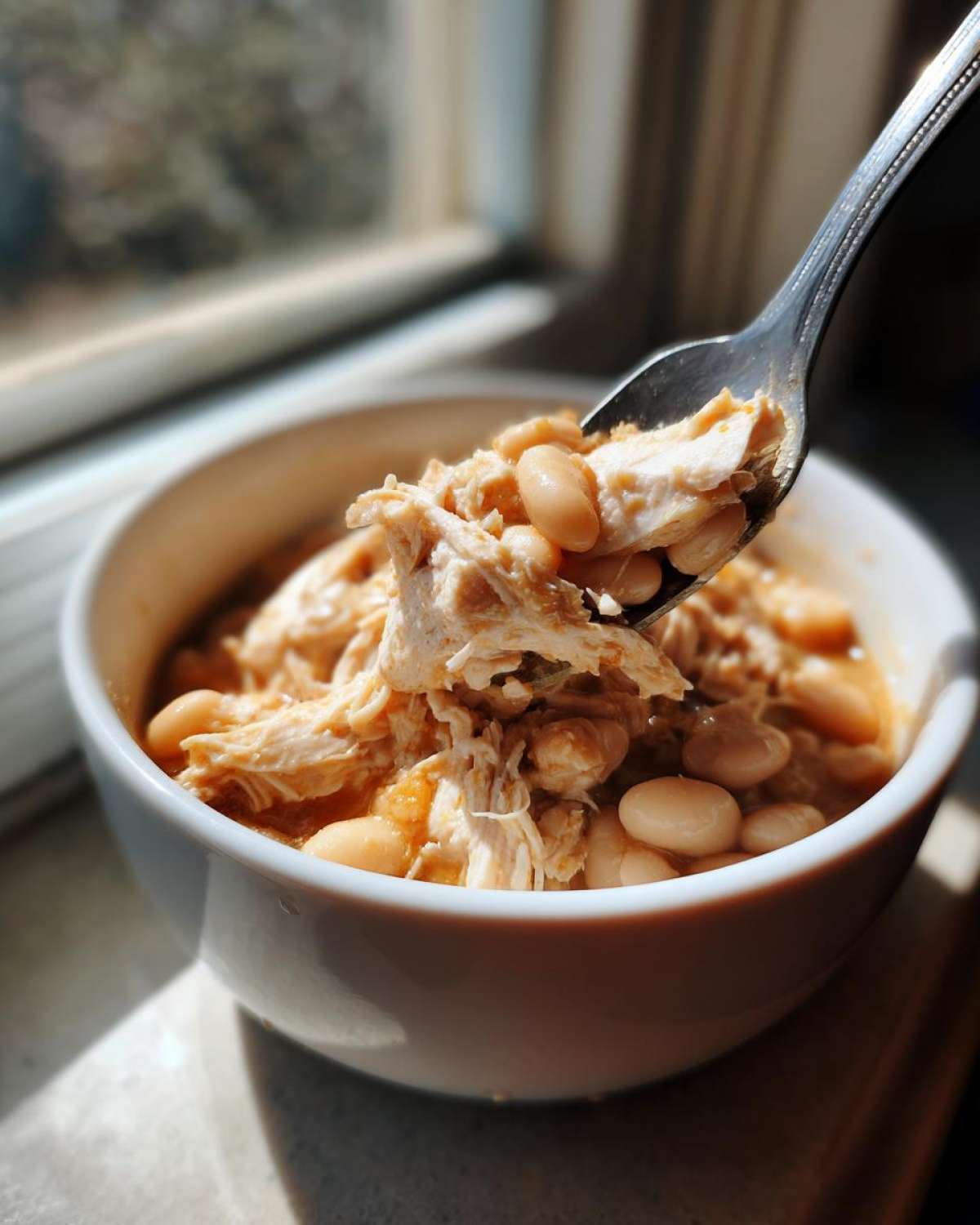 A spoonful of shredded chicken and white beans being lifted from a bowl of crockpot white chicken chili.
