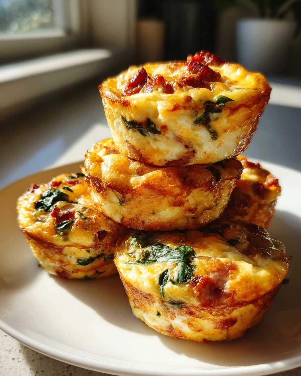 A stack of four golden brown Egg Muffin Cups filled with visible spinach and bacon pieces, sitting on a white plate.