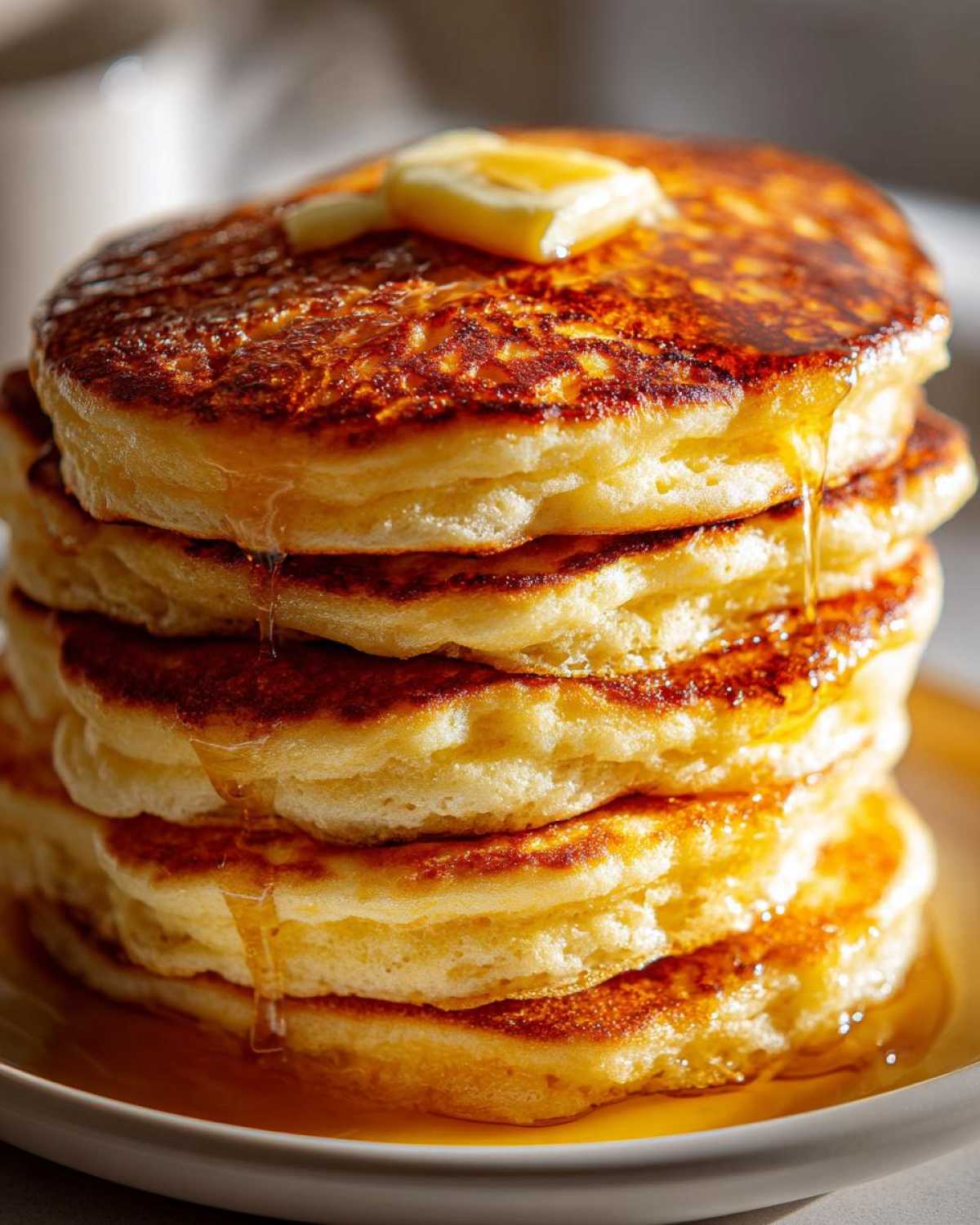 Close-up of a tall stack of golden brown fluffy pancakes topped with melting butter and drizzled with syrup.