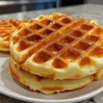 Close-up of a stack of golden brown high protein waffles drizzled with syrup on a white plate.