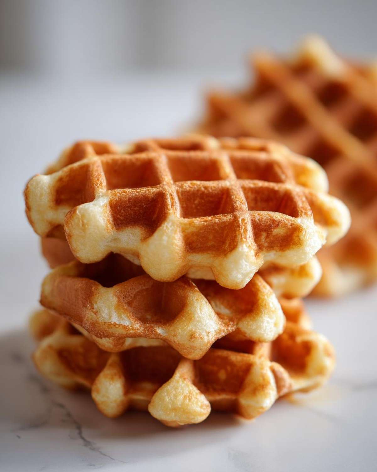 Close-up of a stack of three golden brown, fluffy high protein waffles on a white marble surface.