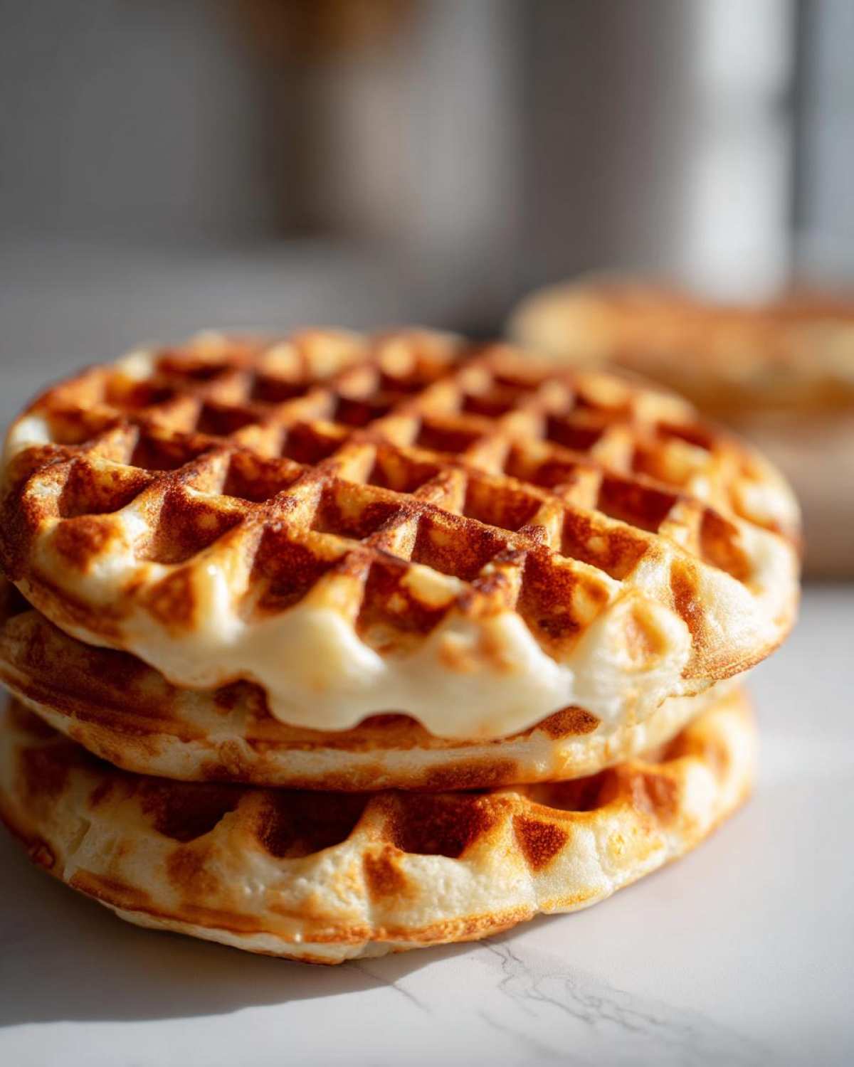 Close-up of a stack of two golden brown high protein waffles, showing the crisp texture and a slight filling oozing out.