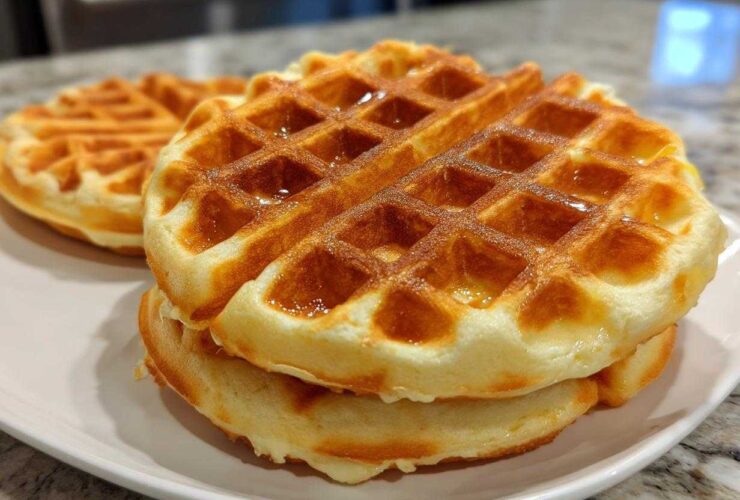 Close-up of a stack of golden brown high protein waffles drizzled with syrup on a white plate.