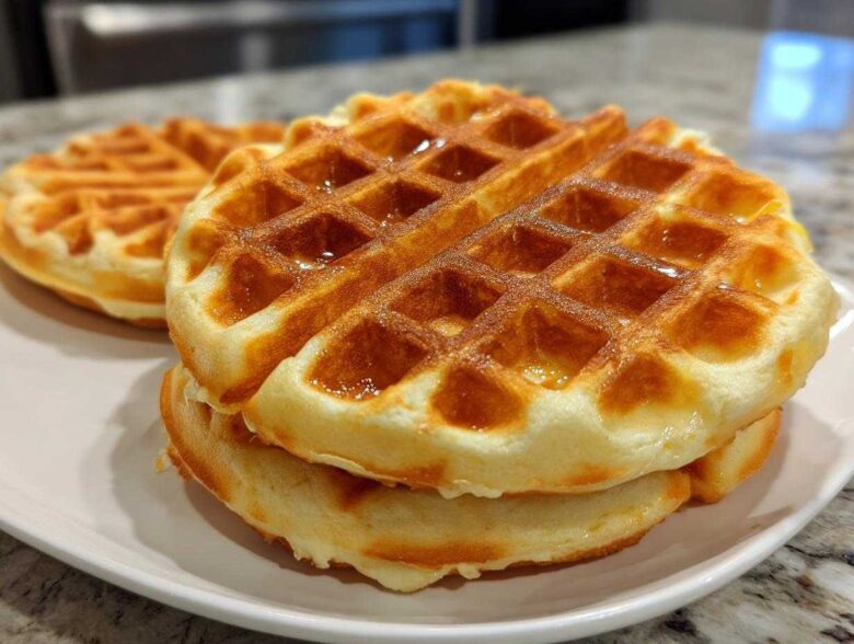 Close-up of a stack of golden brown high protein waffles drizzled with syrup on a white plate.