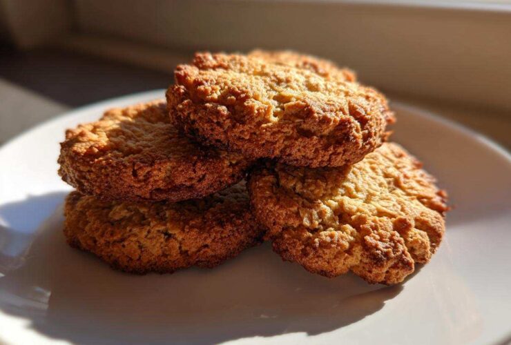 A small stack of four golden brown, textured oatmeal cookie treats resting on a white plate.
