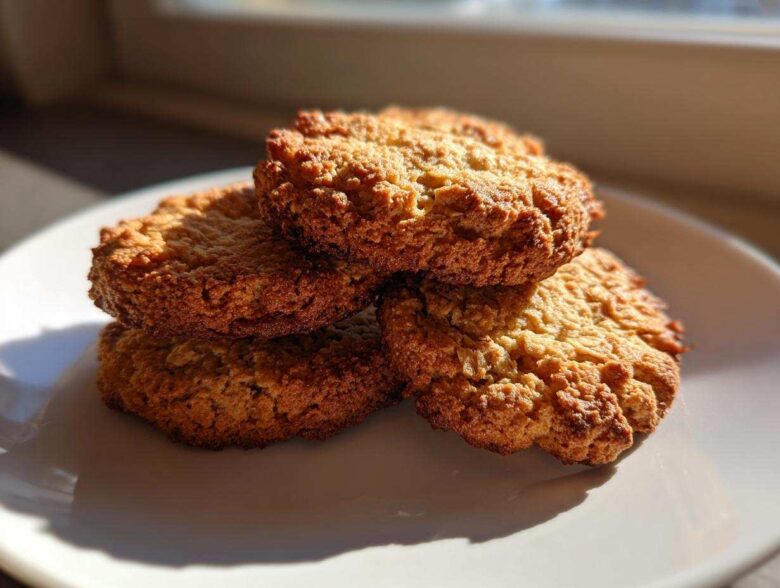 A small stack of four golden brown, textured oatmeal cookie treats resting on a white plate.