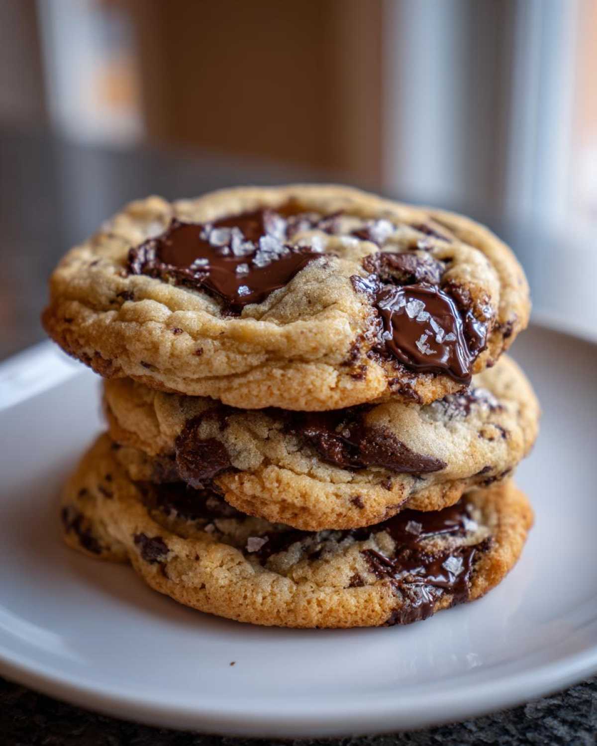 A vertical stack of three thick, gooey chocolate chip cookies topped with melted chocolate and flaky sea salt.