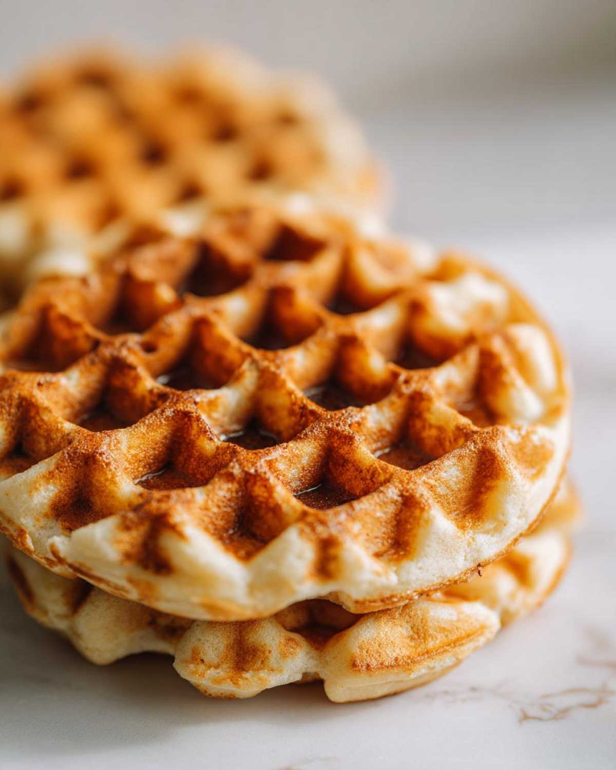 Close-up of a stack of golden brown, perfectly textured high protein waffles.