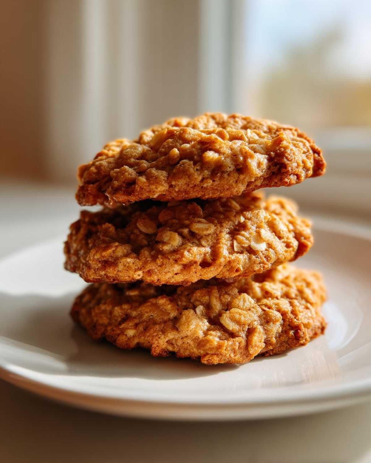 Three freshly baked oatmeal cookie stacked on a white plate, highlighted by natural light.