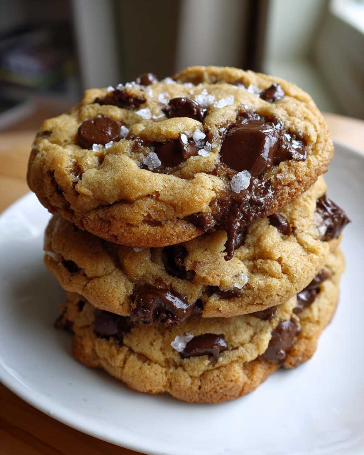 A stack of three gooey, thick chocolate chip cookies topped with flaky sea salt.