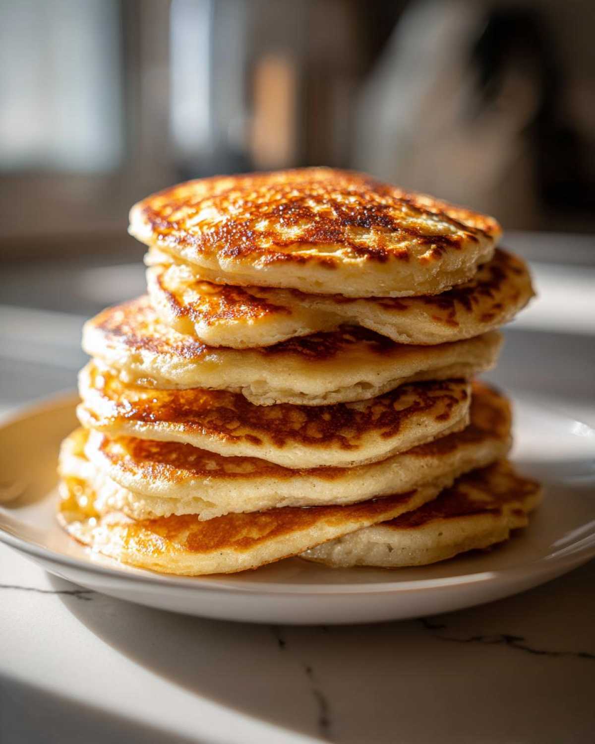 A tall stack of golden-brown sourdough pancakes glistening under natural light on a white plate.