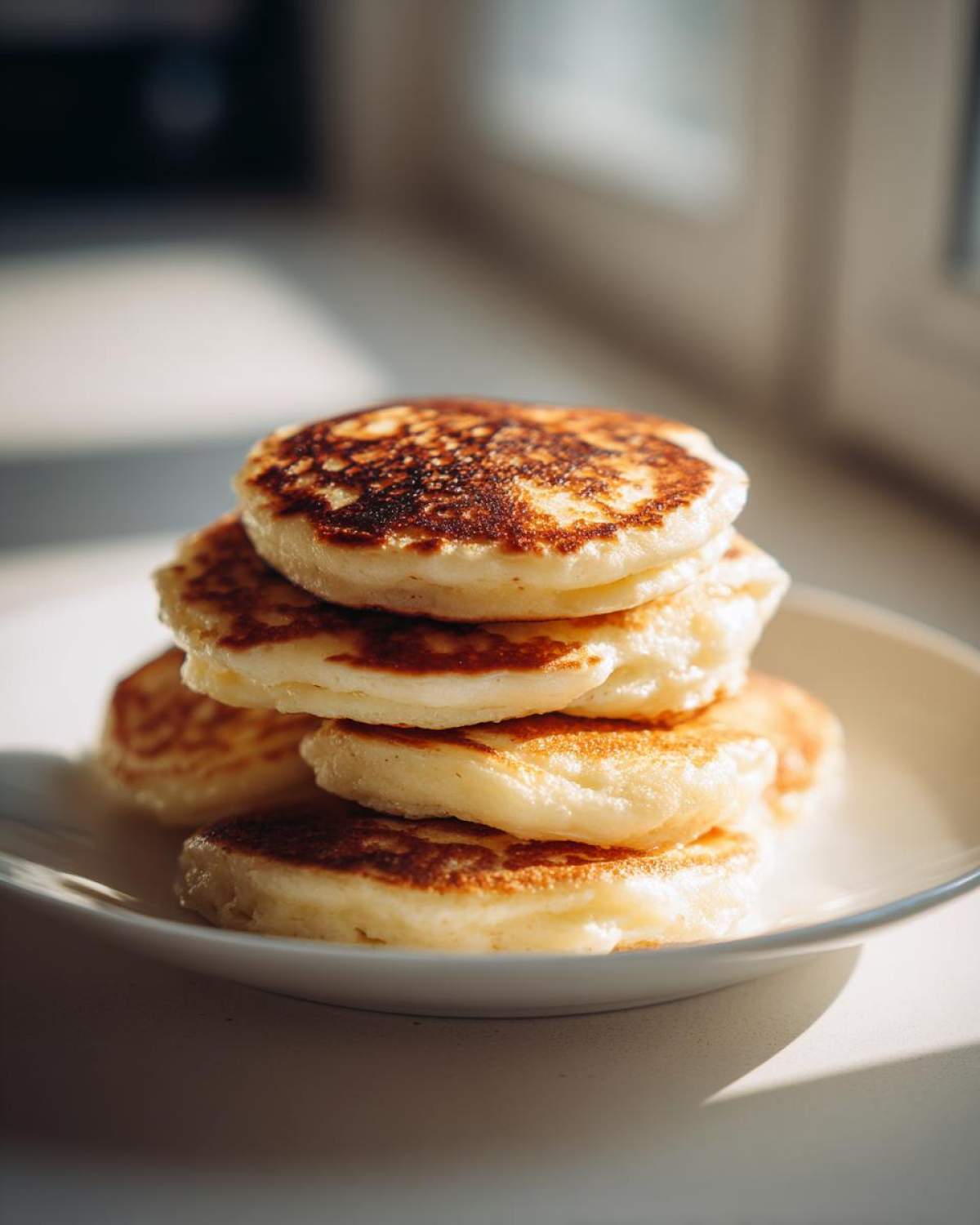 A close-up stack of thick, golden-brown sourdough pancakes sitting on a white plate near a window.