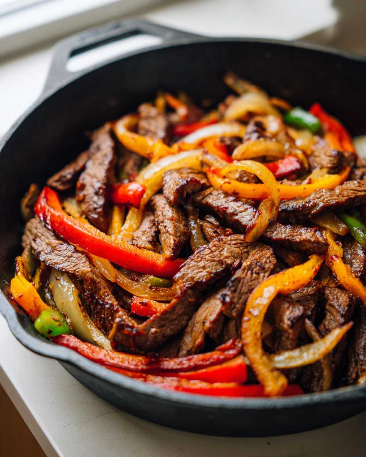 Close-up of sizzling steak fajitas with colorful bell peppers and onions in a black cast iron skillet.