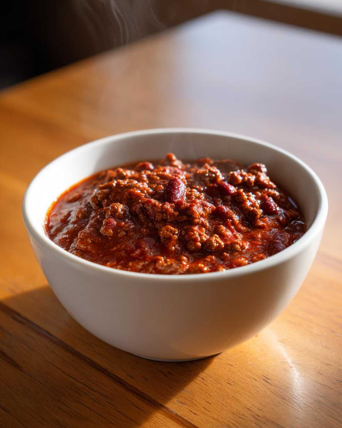 A close-up of a white bowl filled with steaming, rich, red chili, highlighting the ground meat and beans.