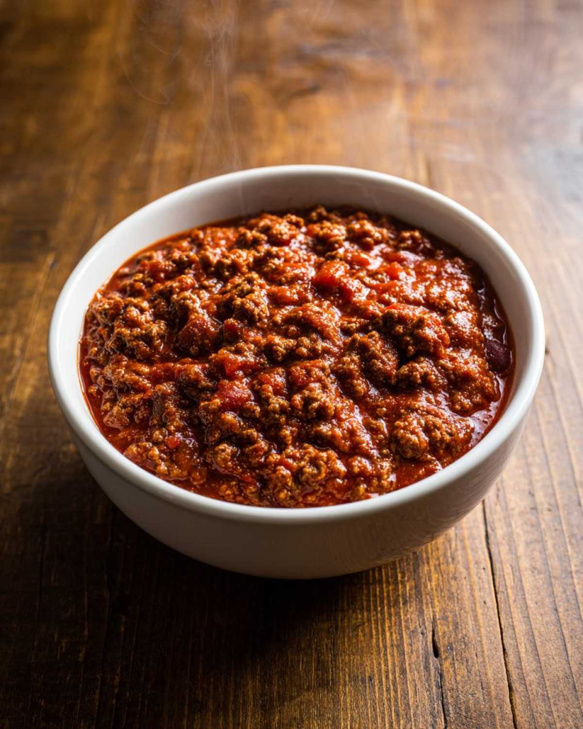 A close-up of a steaming white bowl filled with rich, thick, meaty chili, set on a dark wooden table, representing the best chili recipe.