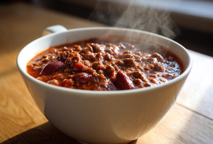Close-up of a steaming white bowl filled with rich, hearty chili, featuring ground meat and kidney beans.