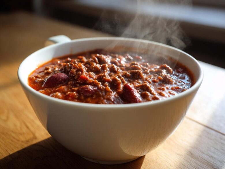 Close-up of a steaming white bowl filled with rich, hearty chili, featuring ground meat and kidney beans.