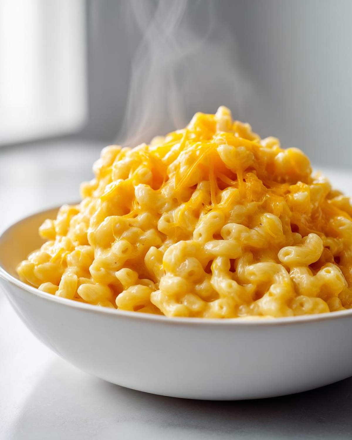 A close-up of a white bowl overflowing with steaming hot cheesy rice topped with melted cheddar cheese.