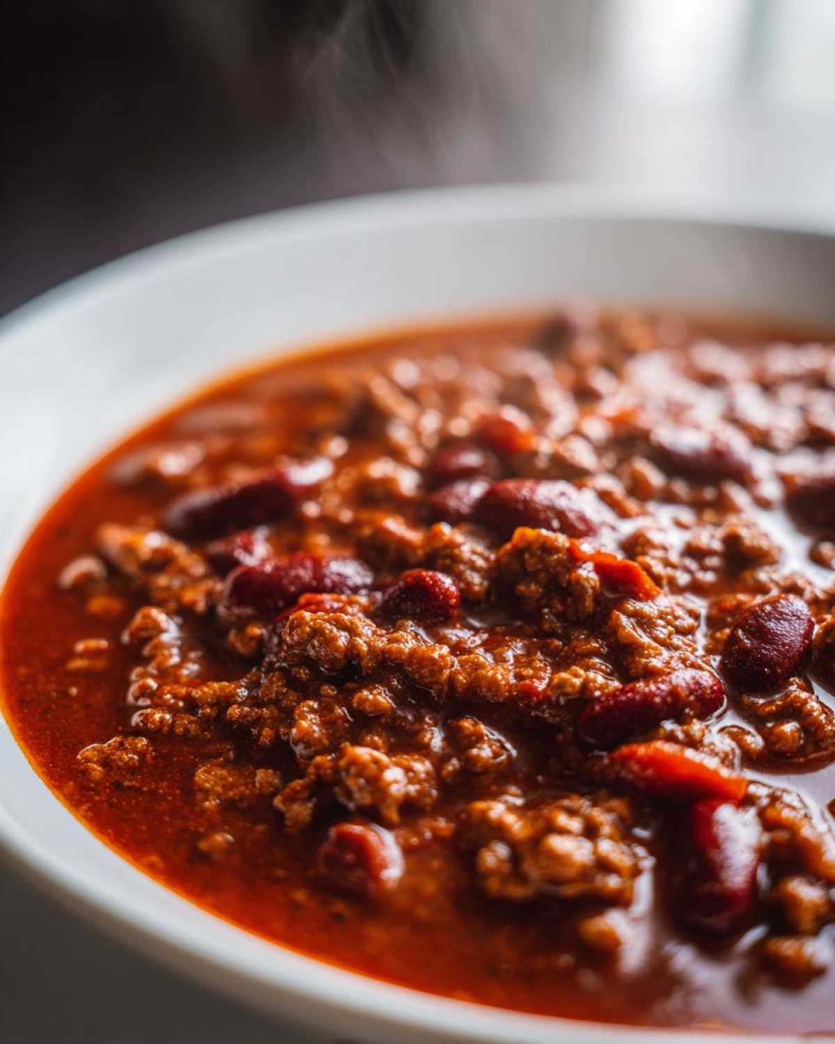 Close-up of a steaming white bowl filled with rich, hearty crockpot chili featuring ground meat and kidney beans.