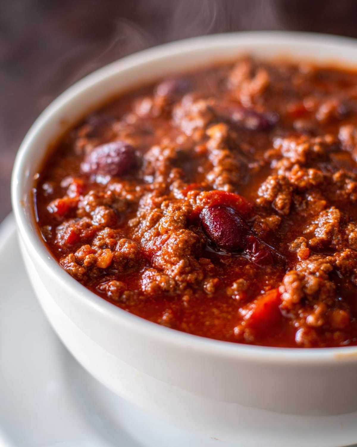 Close-up of a steaming white bowl filled with rich, hearty crockpot chili featuring ground meat and kidney beans.