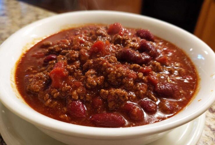 Close-up of a steaming white bowl filled with rich, thick crockpot chili featuring ground beef and red kidney beans.