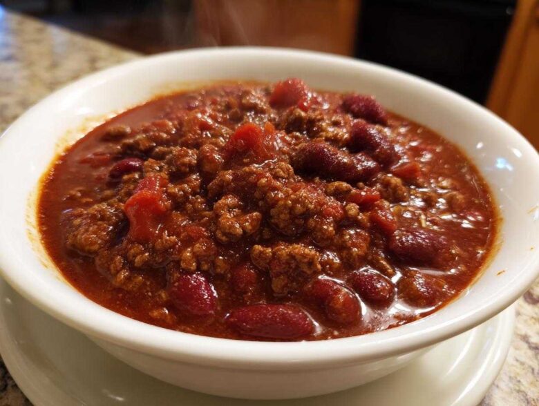 Close-up of a steaming white bowl filled with rich, thick crockpot chili featuring ground beef and red kidney beans.