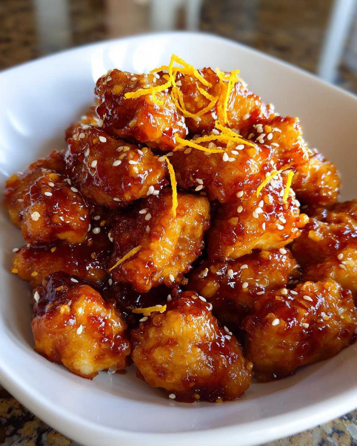 Close-up of crispy, glazed pieces from an orange chicken recipe, topped with sesame seeds and orange zest.