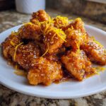 Close-up of crispy, glazed orange chicken recipe pieces topped with sesame seeds and bright orange zest.