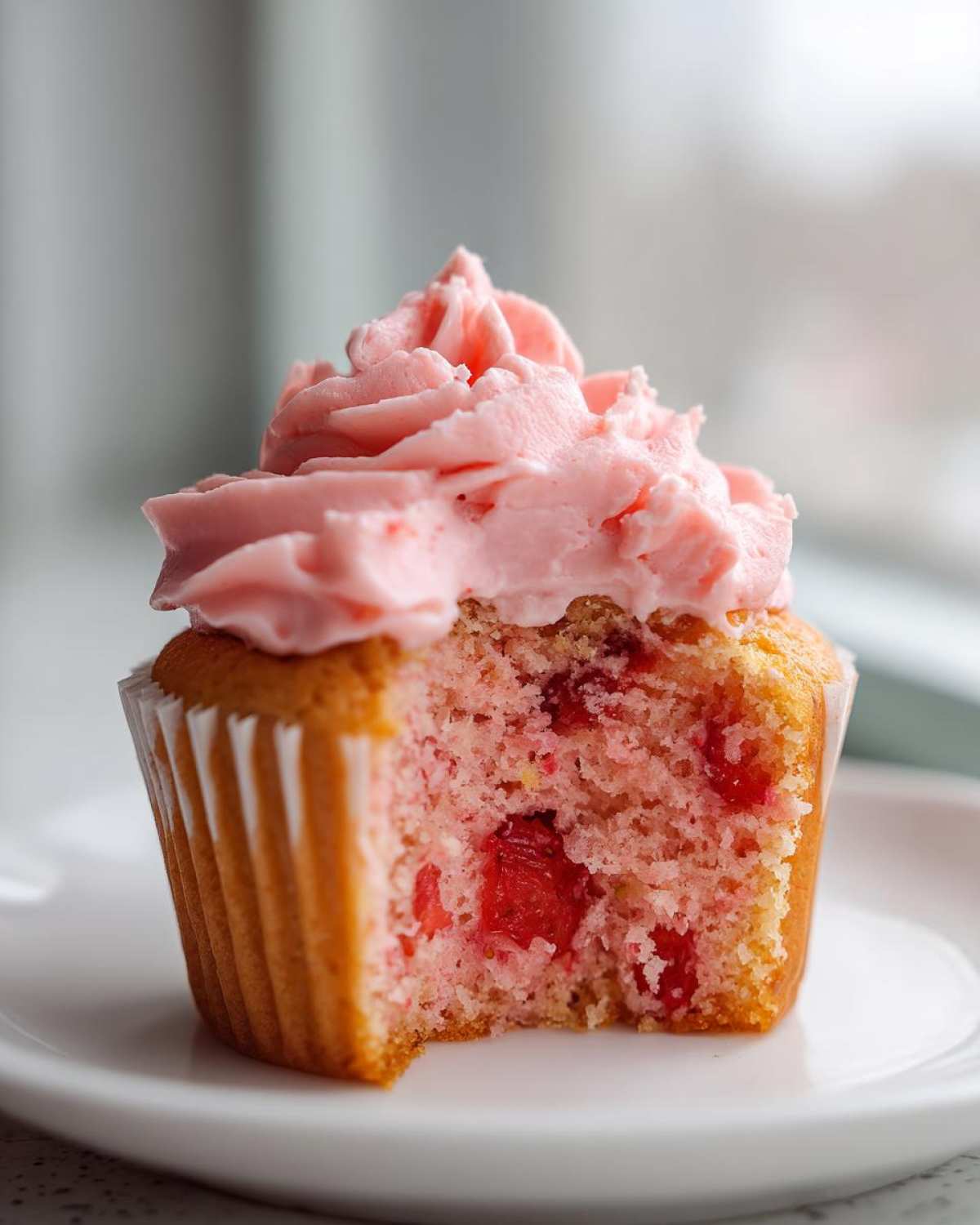 A close-up of a strawberry cupcake with a bite taken out, revealing moist cake studded with strawberry pieces and topped with pink frosting.