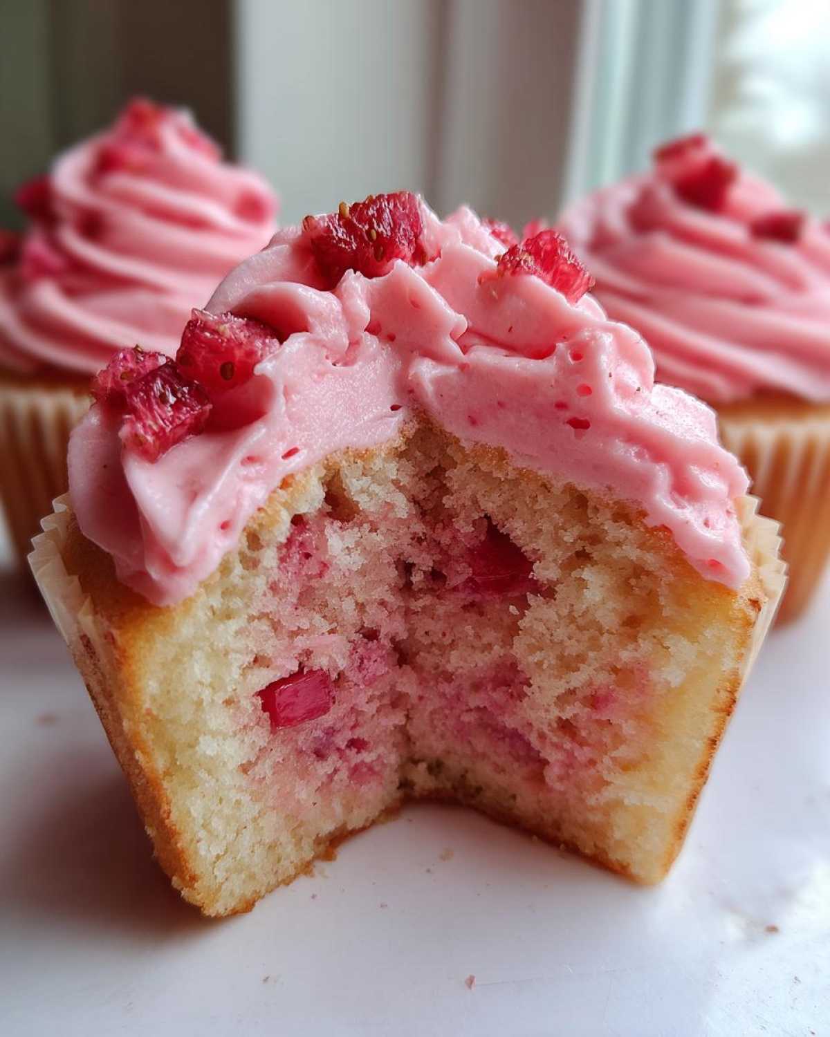 Close-up of a strawberry cupcake cut in half, showing the moist cake interior with strawberry pieces and pink strawberry frosting.