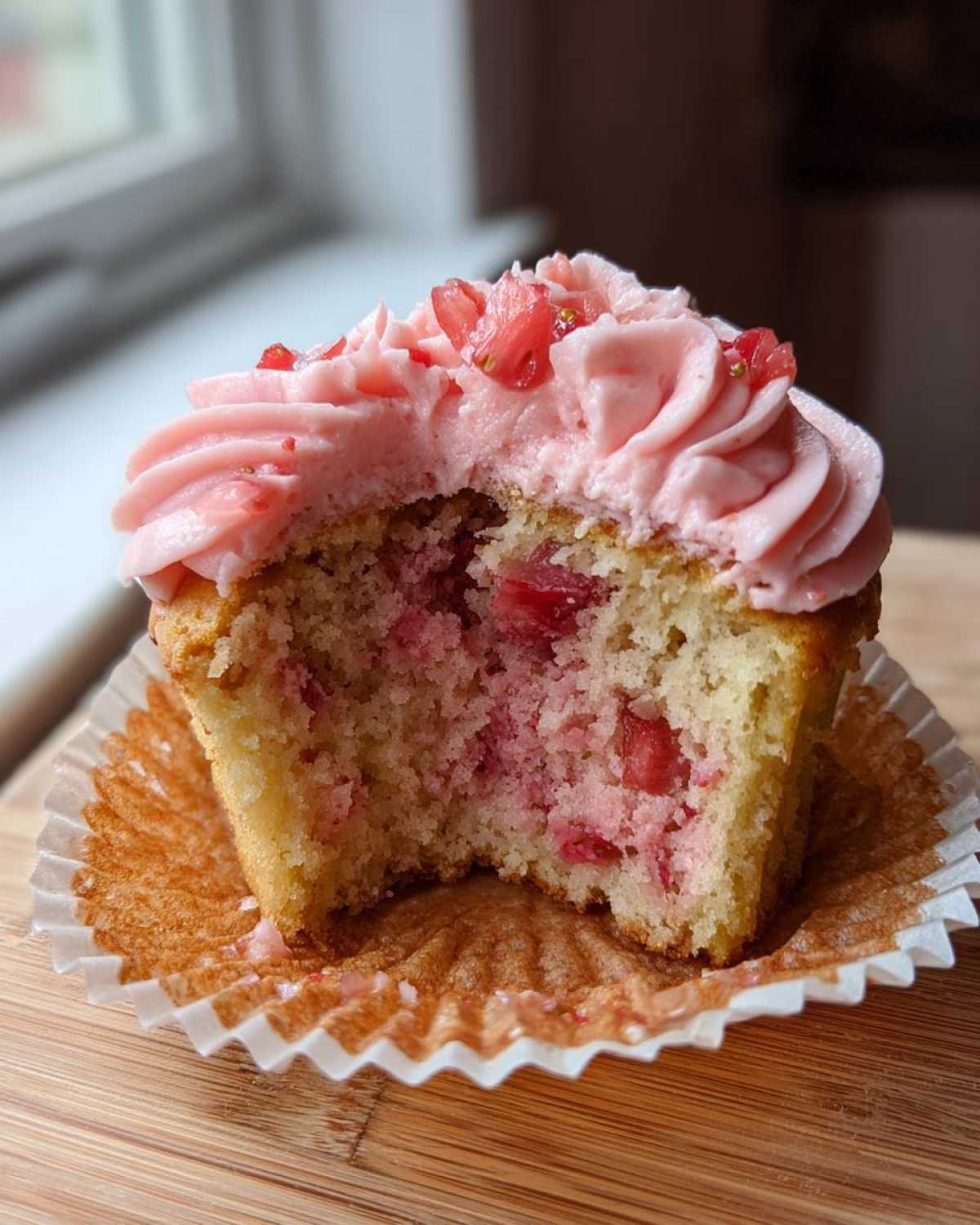 A close-up of a strawberry cupcake with a bite taken out, revealing the moist cake studded with strawberry pieces and topped with pink frosting.