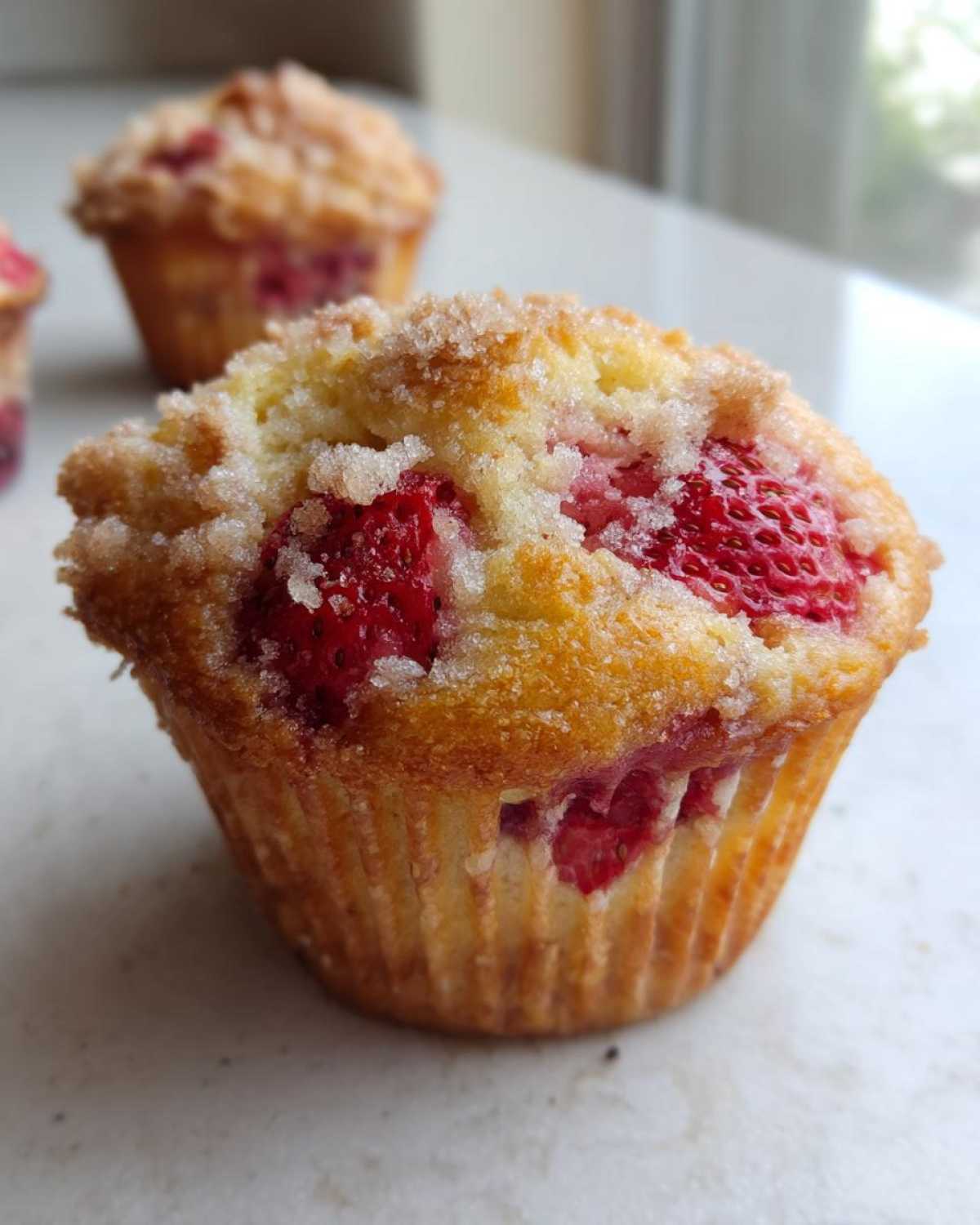 A close-up of a freshly baked strawberry muffin topped with coarse sugar, showing chunks of bright red strawberries.