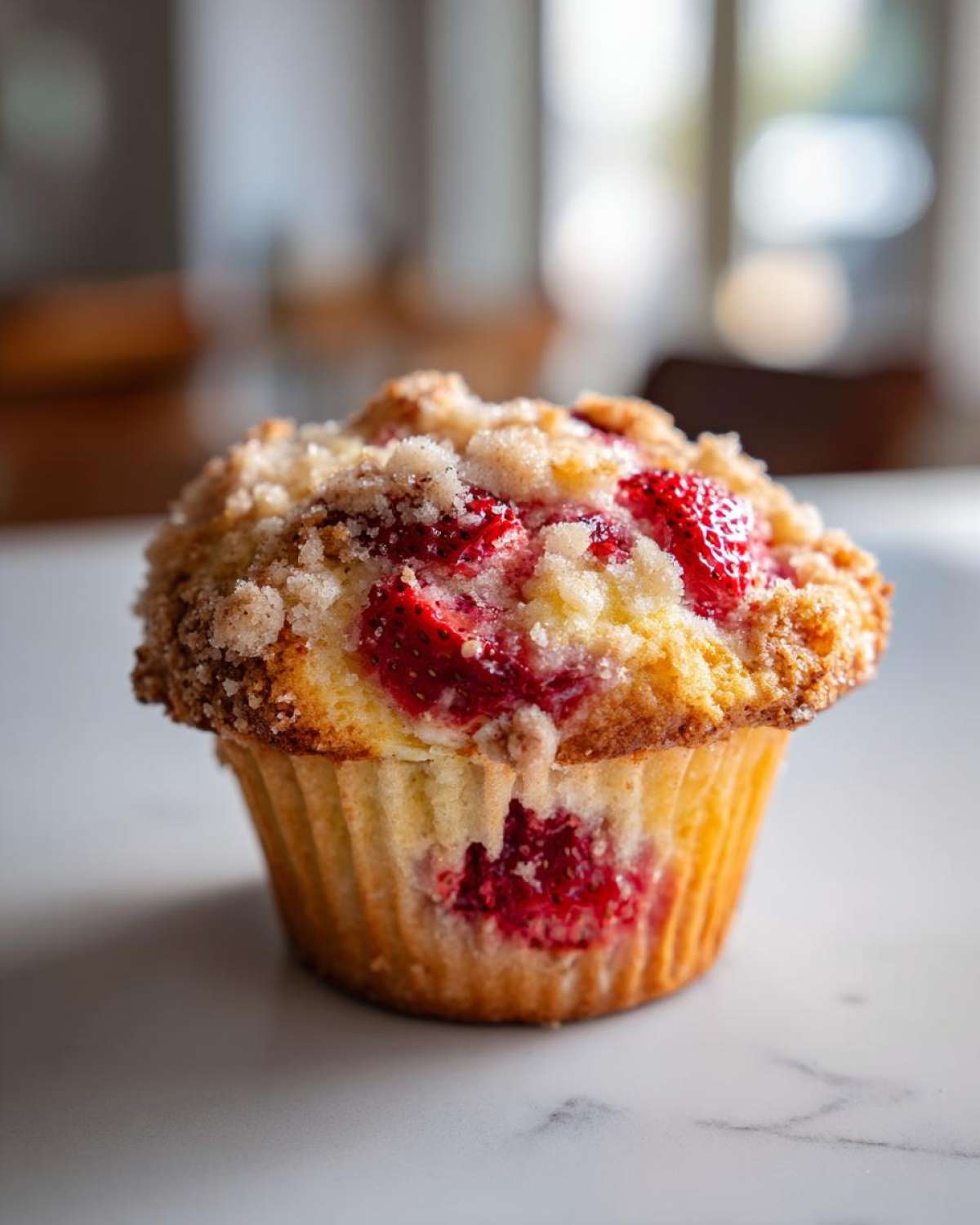 A close-up of a freshly baked strawberry muffins with a golden crumb topping, featuring visible chunks of red strawberries.