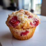 Close-up of a freshly baked strawberry muffins with a sugary, domed top and visible pieces of bright red strawberry.