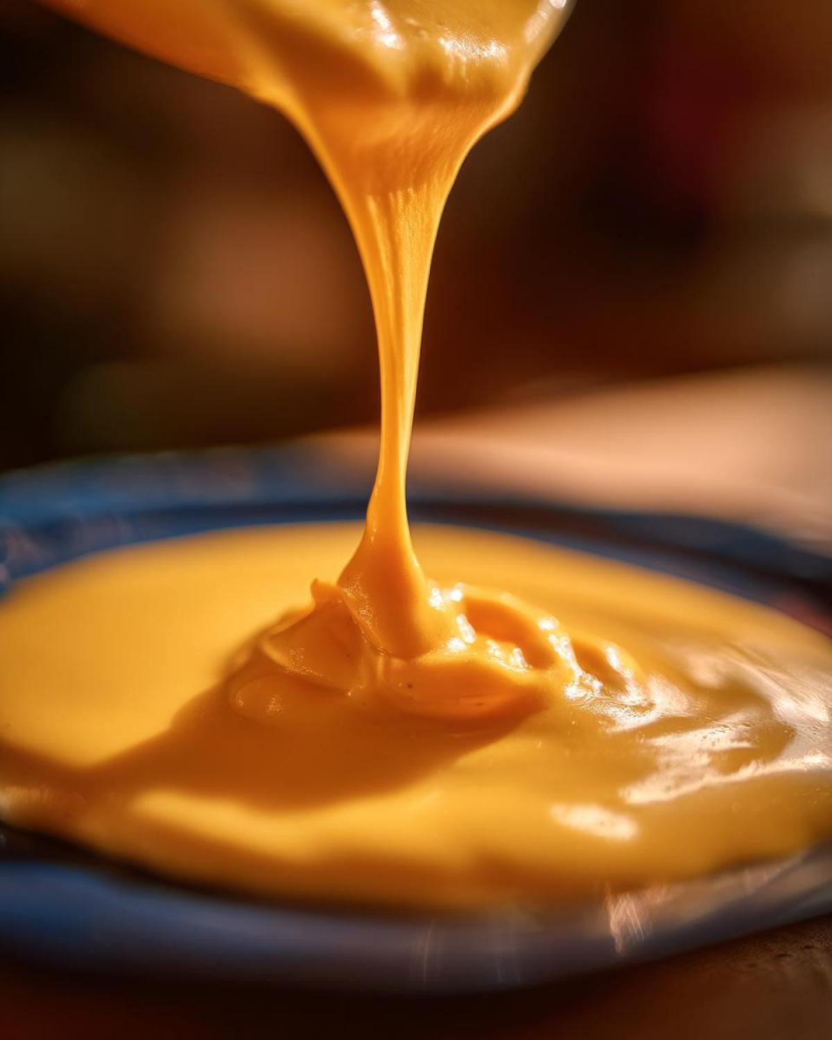 Close-up of thick, bright orange nacho cheese sauce being poured and stretching into a pool on a blue surface.