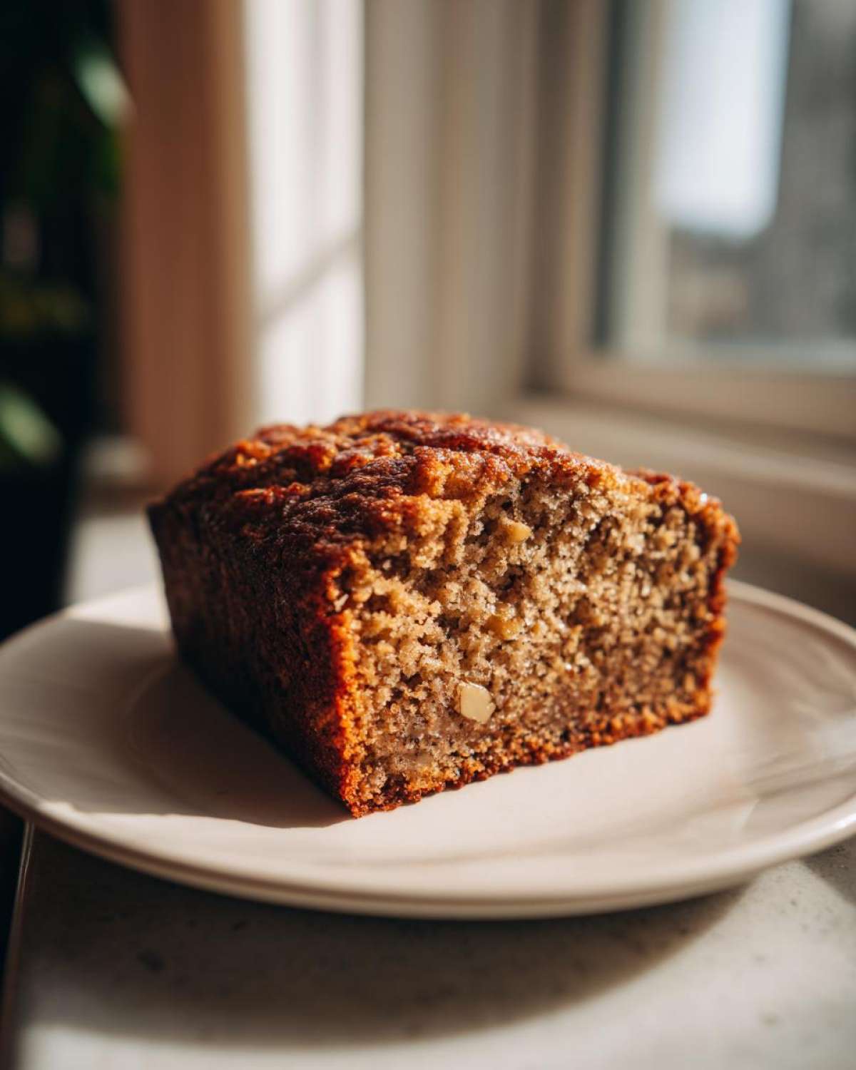 A moist slice of sugar free banana bread with a rich brown crust, sitting on a white plate near a window.