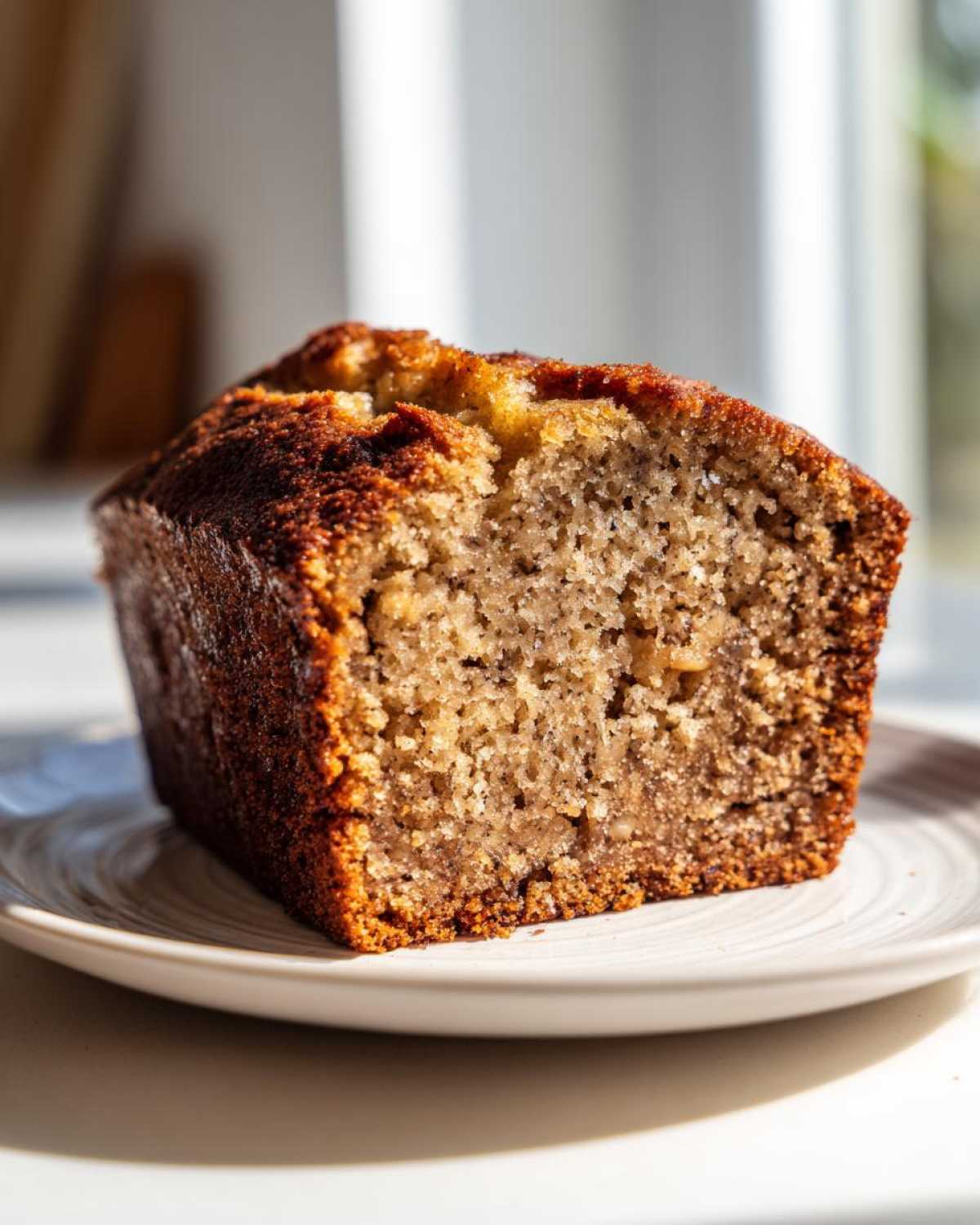A close-up of a moist slice of sugar free banana bread showing its crumb texture and dark golden crust.
