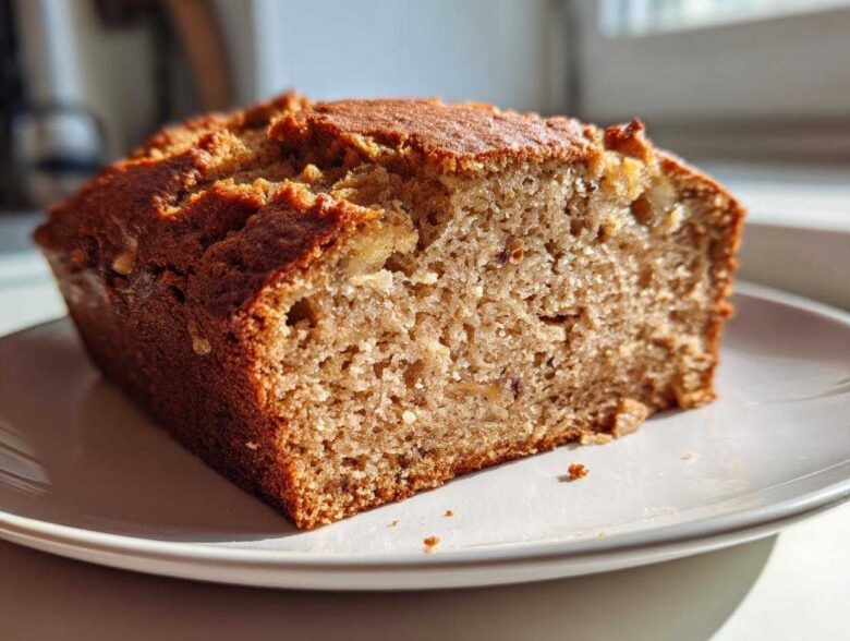 Close-up of a thick slice of moist sugar free banana bread with a golden brown crust, sitting on a white plate.