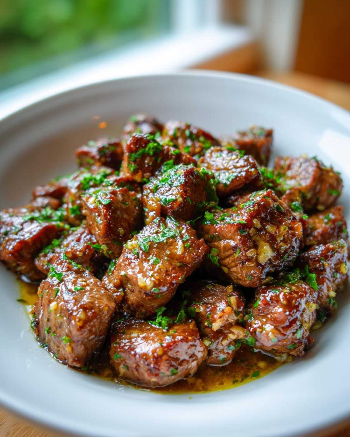 Close-up of tender, saucy crockpot steak bites garnished generously with fresh parsley.