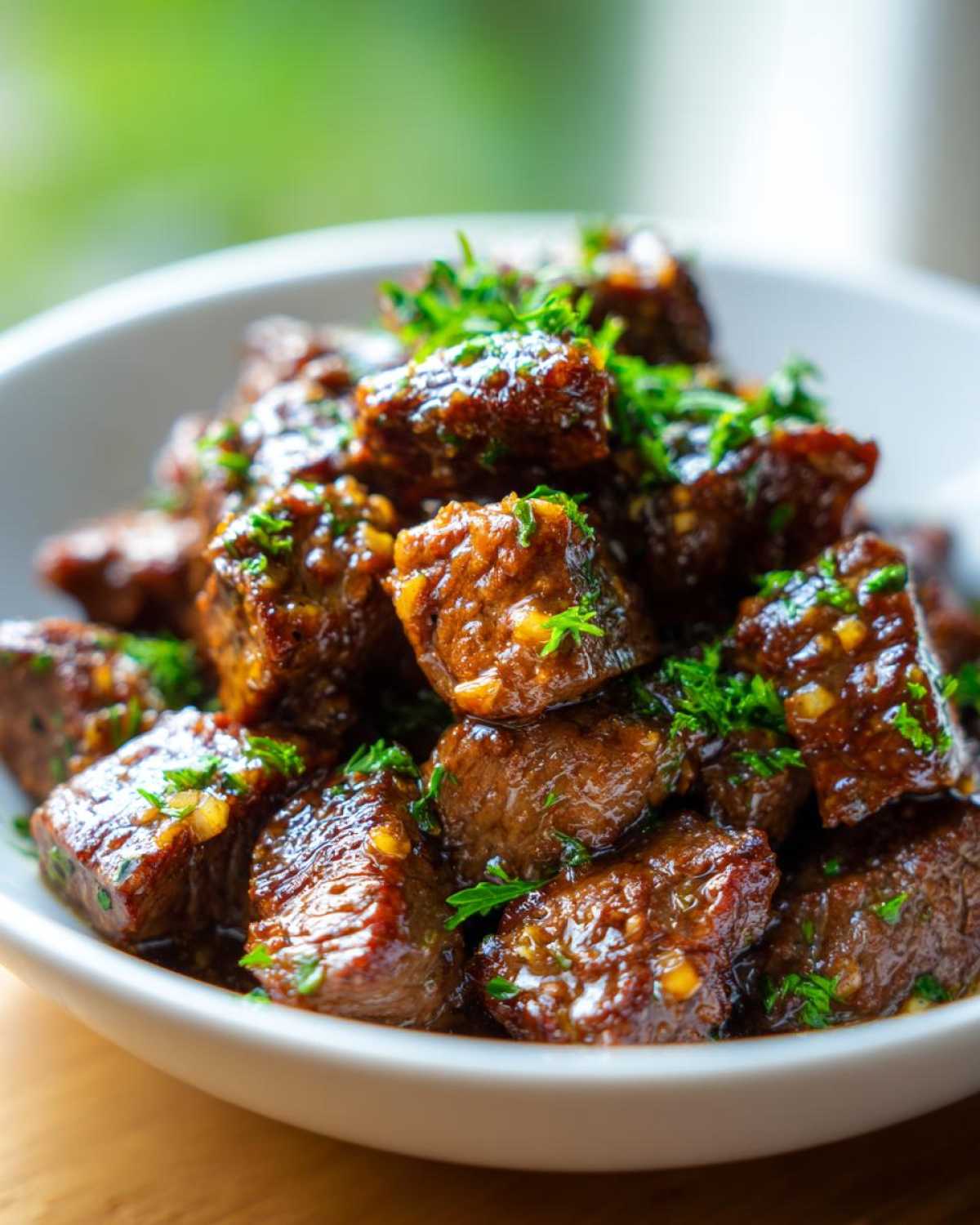 Close-up of tender, saucy crockpot steak bites piled high in a white bowl and topped with fresh parsley.