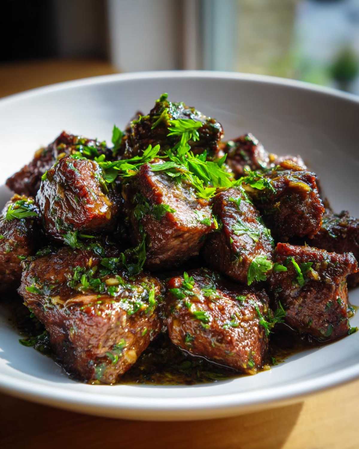 Close-up of tender, saucy crockpot steak bites garnished generously with fresh chopped parsley.