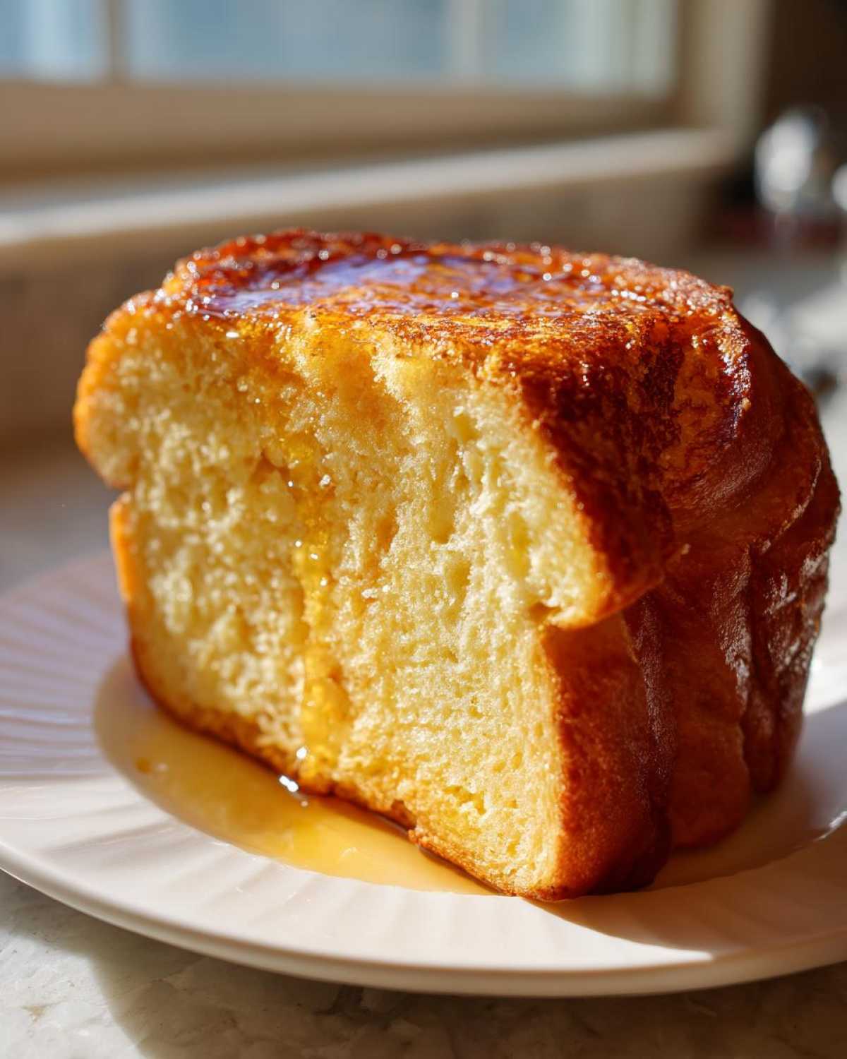 A thick, golden slice of brioche used for easy french toast, drenched in syrup on a white plate.