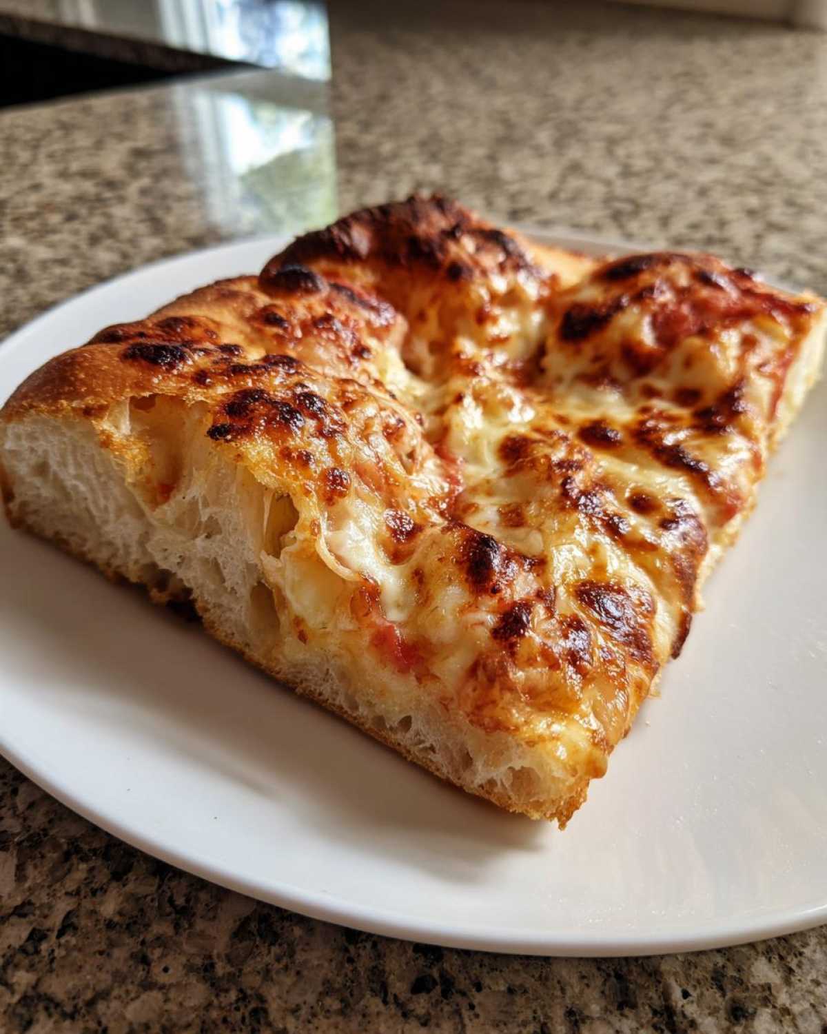 Close-up of a thick, airy slice of cheese pizza made with sourdough discard pizza dough, showing a bubbly, browned crust.