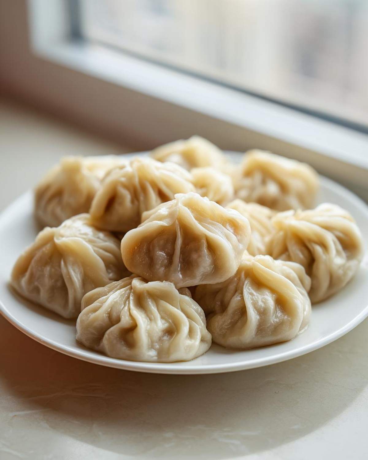 A plate piled high with freshly steamed Traditional Chinese Dumplings, set near a bright window.