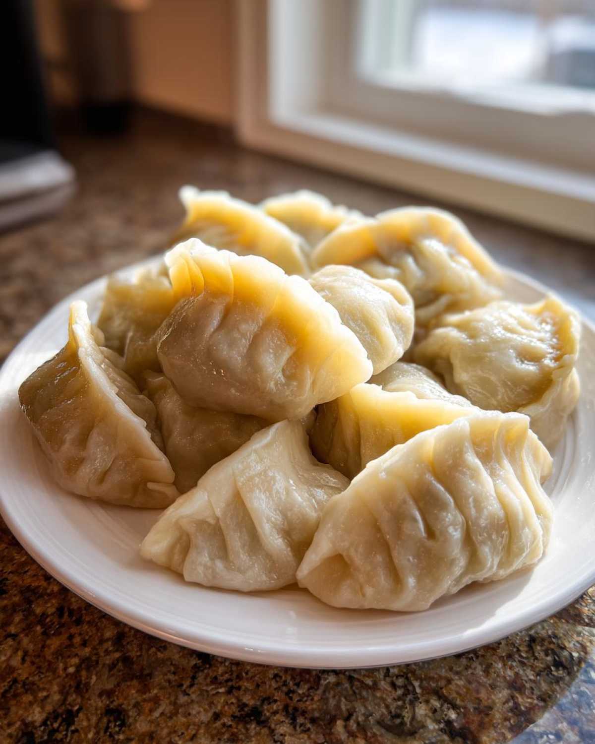 A close-up of several freshly steamed Traditional Chinese Dumplings piled on a white plate near a window.