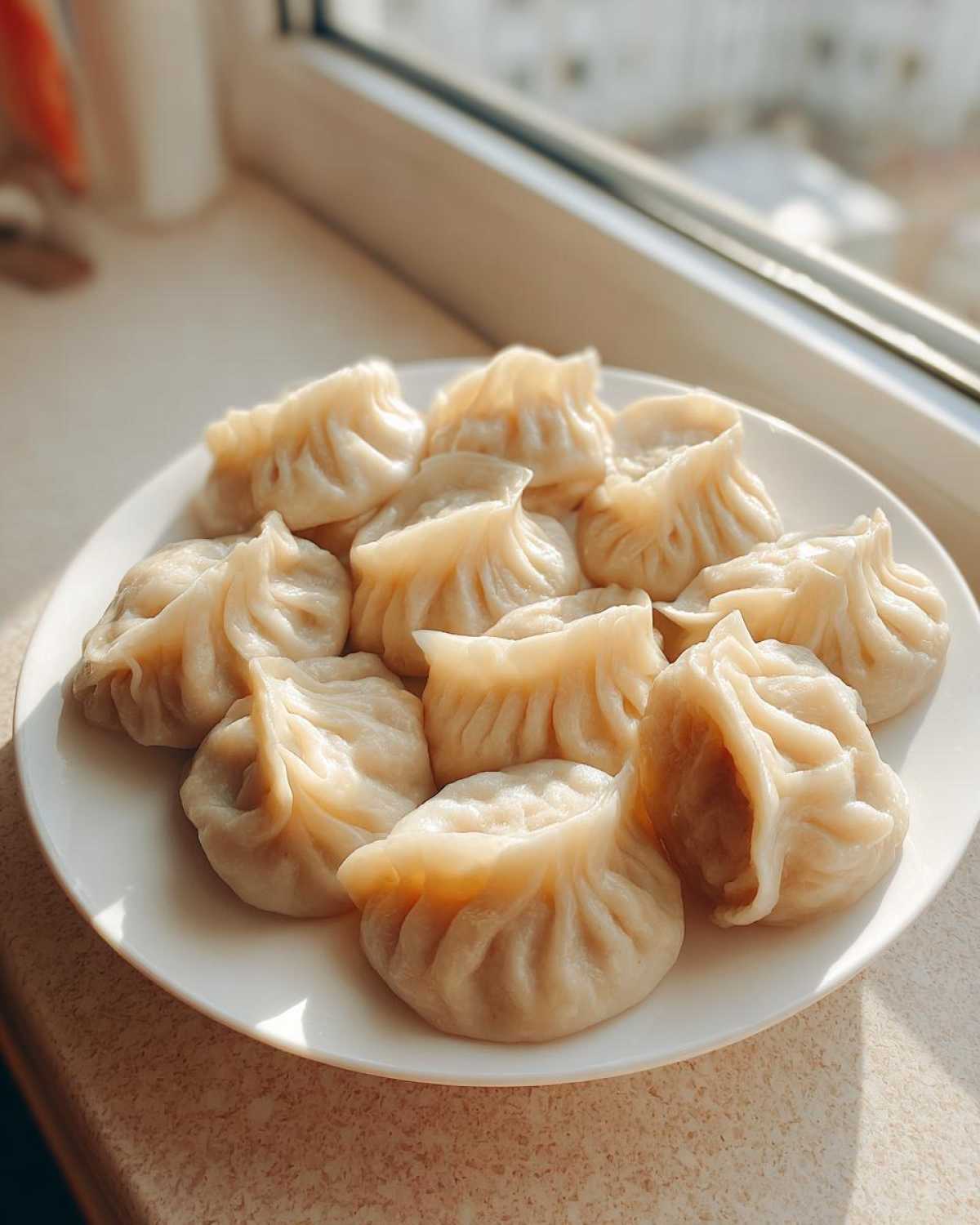 A plate of freshly steamed Traditional Chinese Dumplings arranged near a window with natural light.