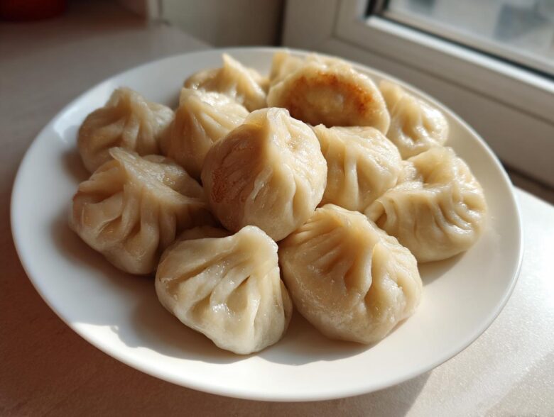 A plate filled with freshly steamed Traditional Chinese Dumplings, showing pleated wrappers and one slightly pan-fried dumpling.
